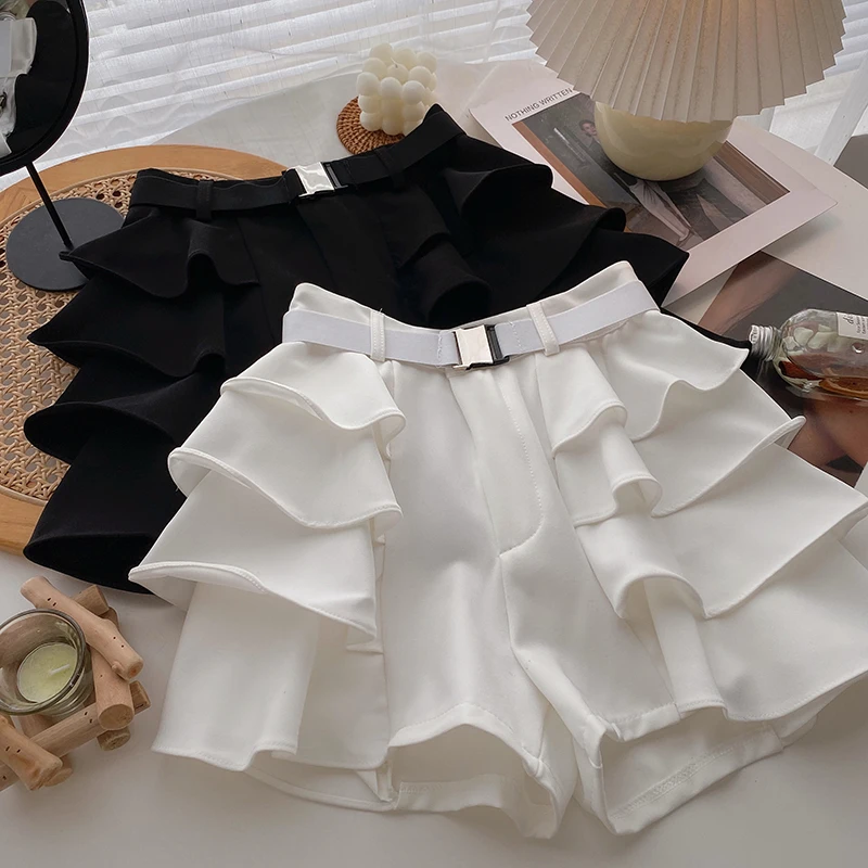 

Layered ruffled shorts women's 2022 spring and summer new Korean thin and solid color high-waisted wide-leg shorts with belt