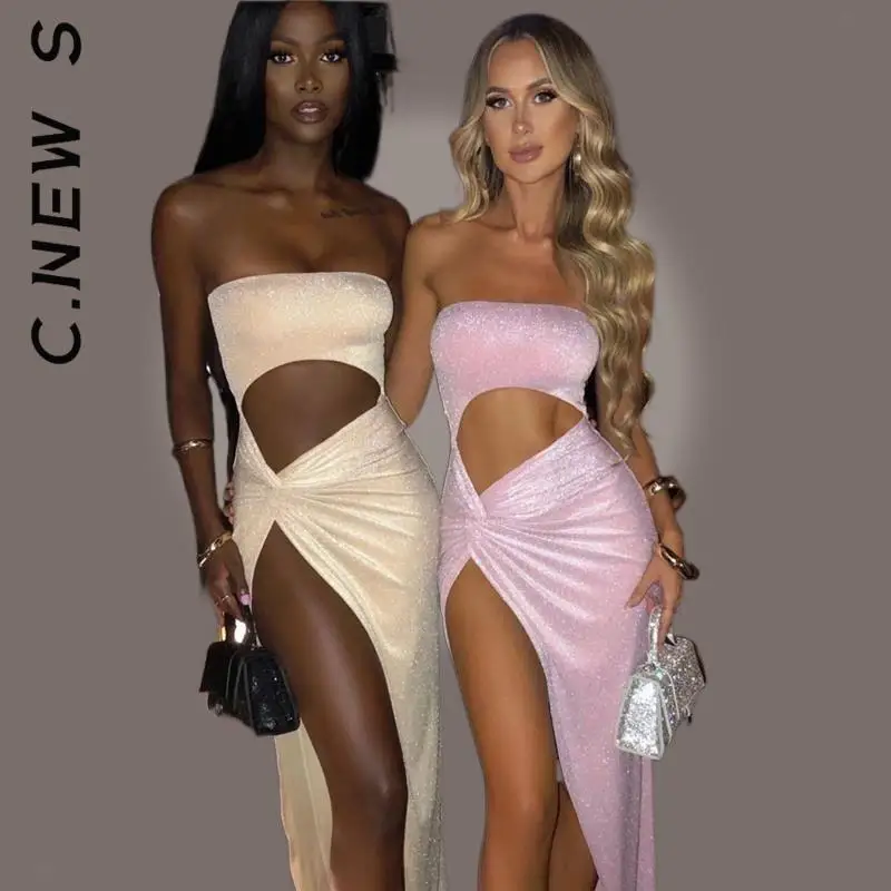 

C.New S Sexy Hollow Out Strapless High Split Maxi Dress Women Gown Summer Sleeveless Backless Club Party Long Dress Vestido
