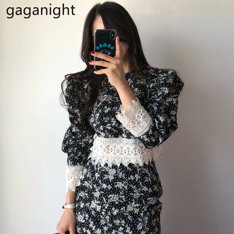 

Gaganight женский кружевной костюм с круглым вырезом и цветочным принтом Новинка 2022 Корейская шикарная рубашка в стиле ретро юбка-годе с высоко...