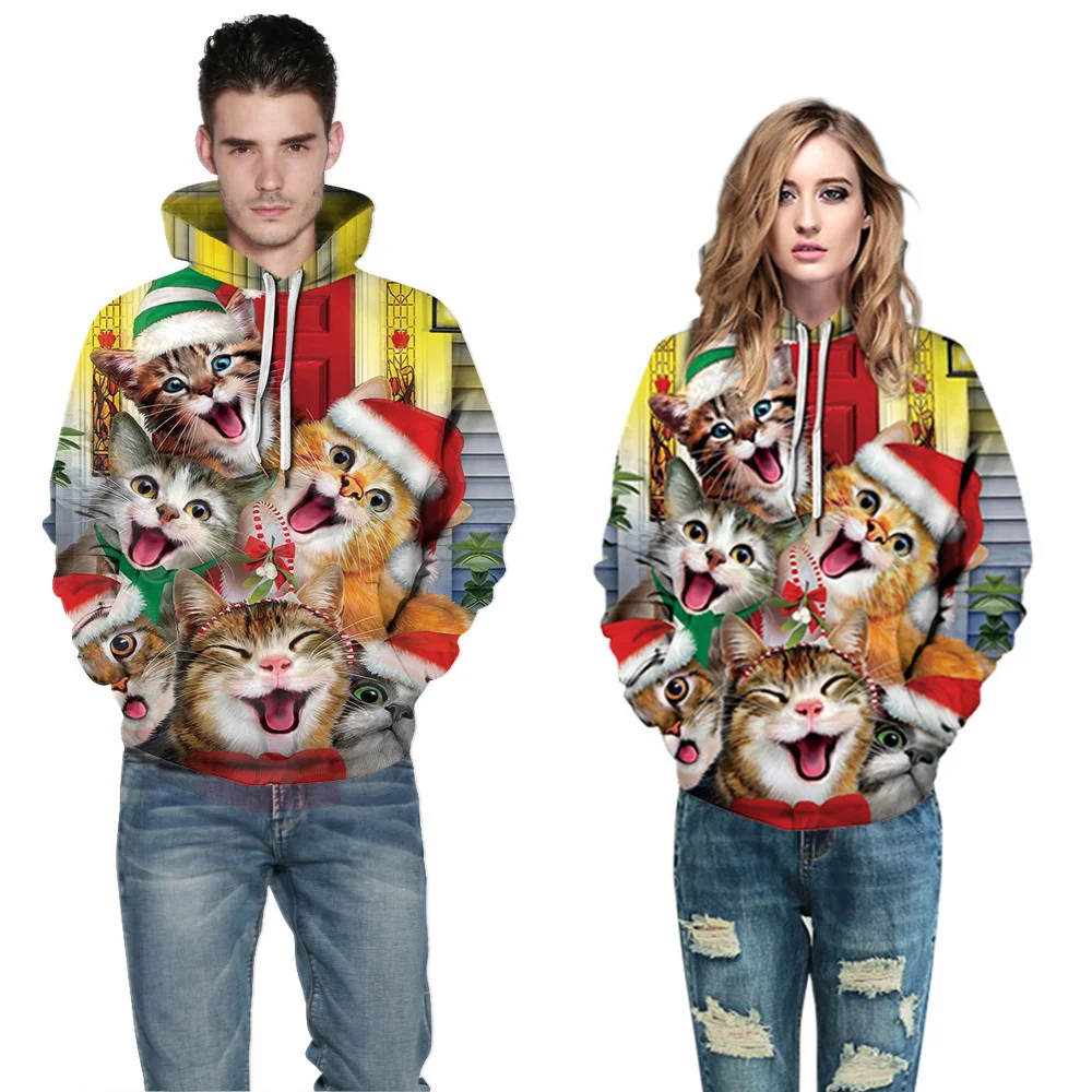 

Y2k Clothes Autumn Winter Christmas Cat Costume Party Animal Print Cartoon Pullover Loose Hoodie Couple Outfit