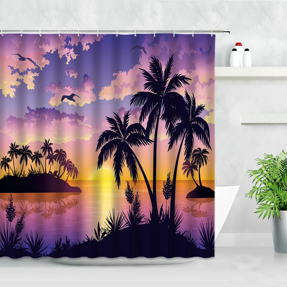 

Dusk Sunset Beach Shower Curtains 3D Print Tropical Ocean Palm Tree Sea Scenery Bathtub Screen Decor Waterproof Bathroom Curtain
