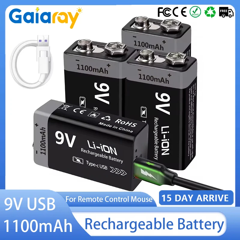 Фото 20 шт. 9 В аккумуляторная батарея 1100 мАч USB Type-C 6F22 9 В литиевая батарея для радиоуправляемой модели вертолета мультиметра игрушечная электрогитара №1