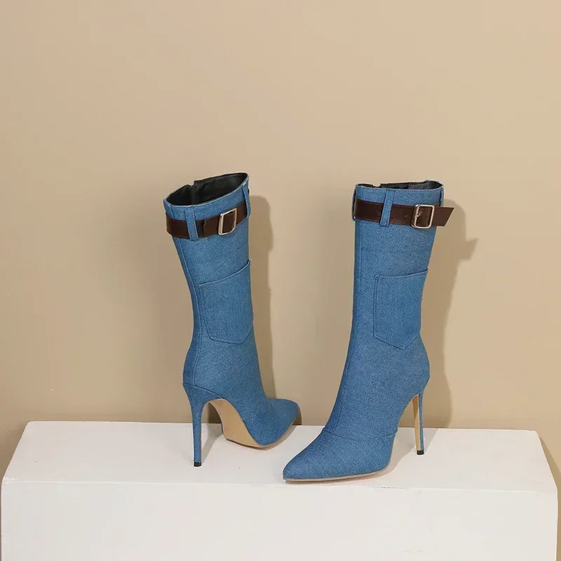 Зимние женские сапоги до середины икры черные синие джинсовые туфли на высоком