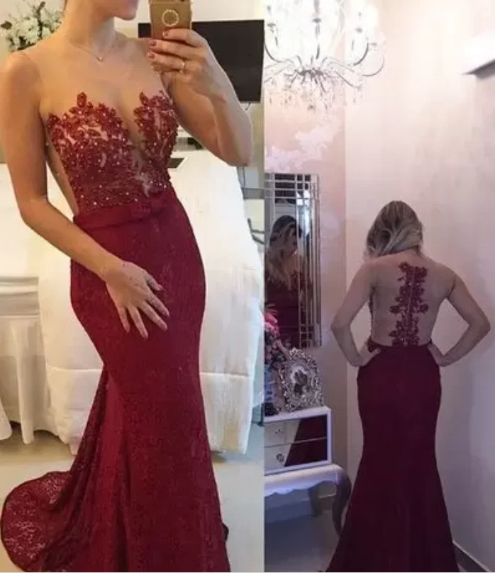 

Maroon Evening Dresses Sheer Scoop Neck Sleeveless Appliques Lace Burgundy Beaded Mermaid Long Formal Prom Party Dress