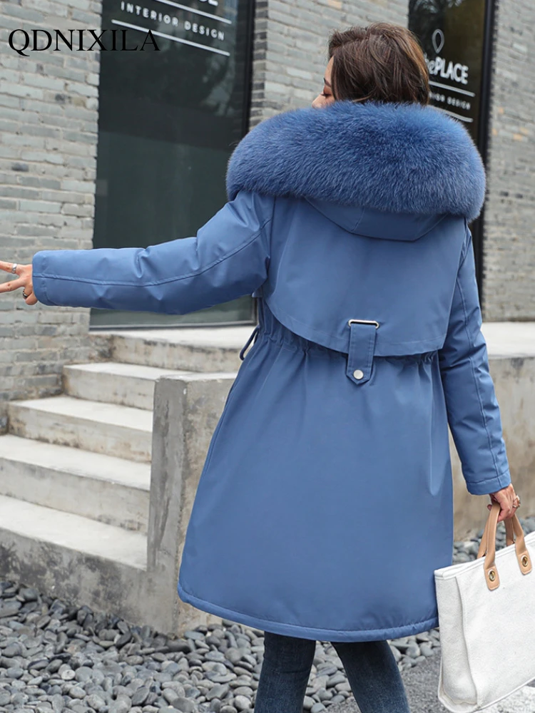 2022 Winter New Women's Oversized Midi Long Parkas Plush Cotton Jacket Thick Coat with Hood Wool Collar Warm Padded Hot Coats