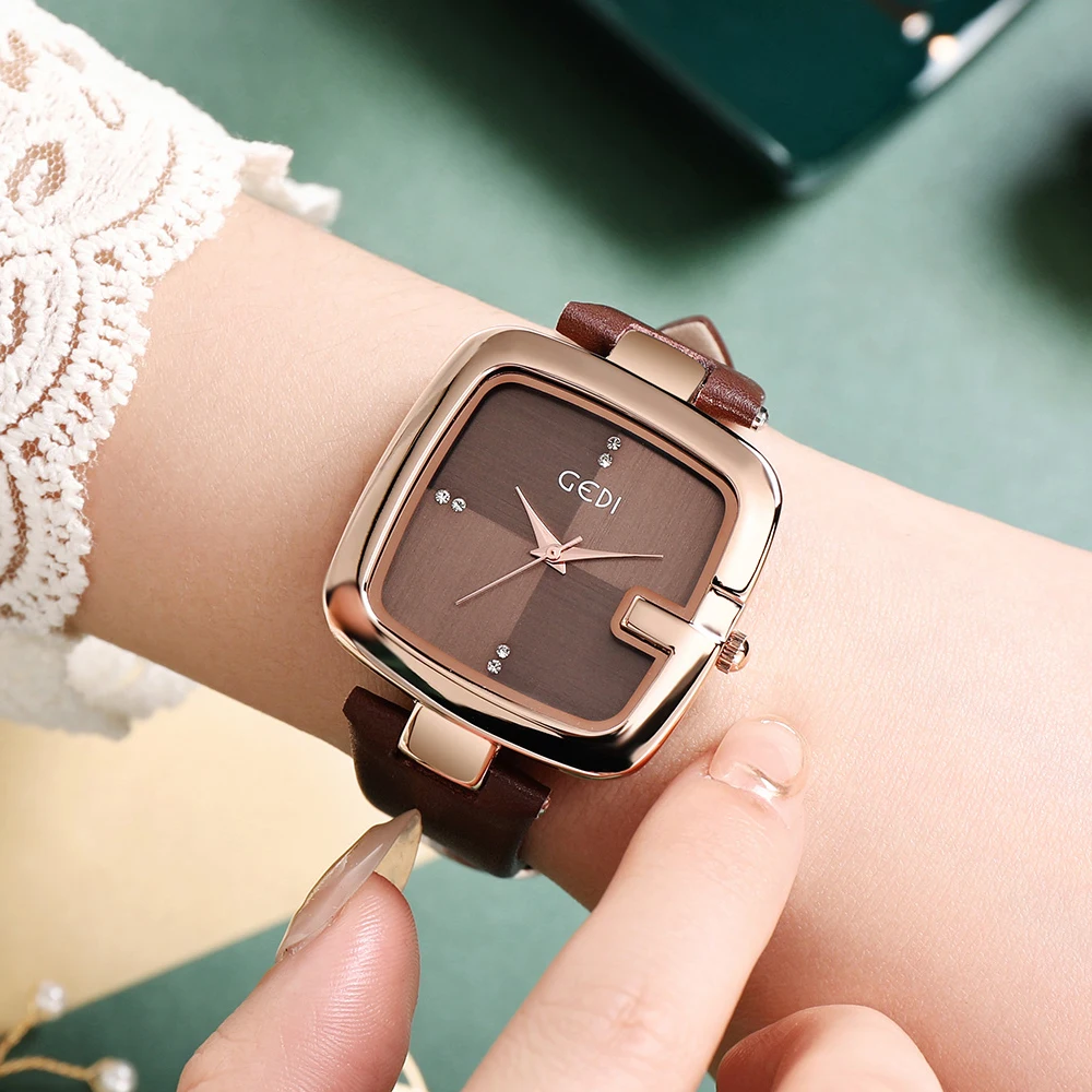 GEDI Minimalist Green Leather Women Sqaure Watches Simple Fashion Big Dial Elegant Ladies Quartz Wrist Watch Casual Female Clock