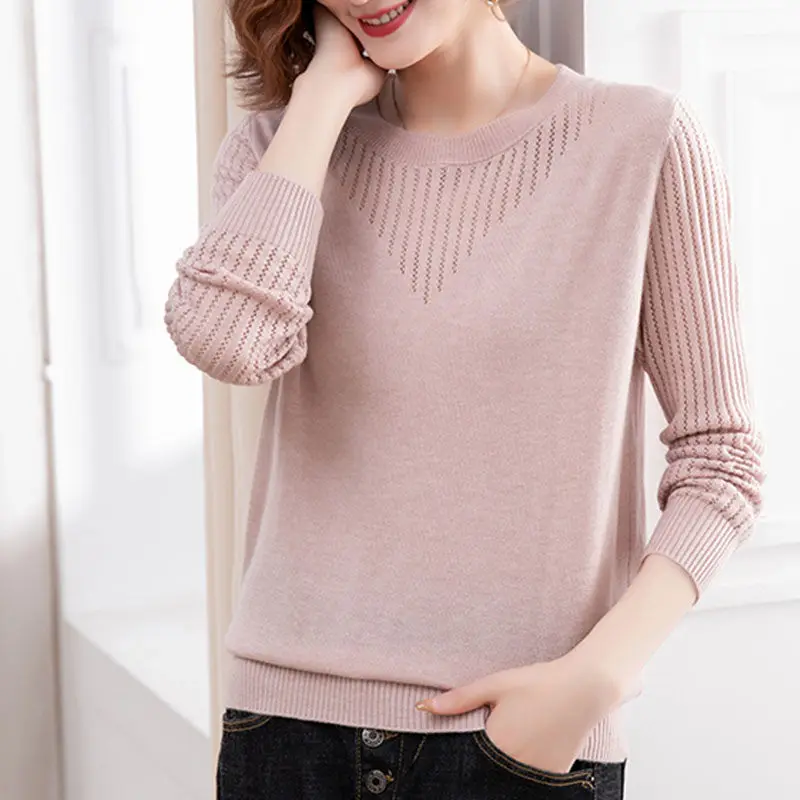 

Вязаный свитер, иностранные пуловеры, Женская Весенняя новая модель 2023, свободный и универсальный свитер с круглым вырезом и длинным рукаво...