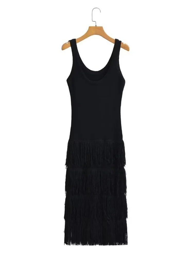 

Kumsvag 2023 Women Summer Tank Sheath Dress Vintage Tassel Knitting O-Neck Female Elegant Street Party Dresses Clothing