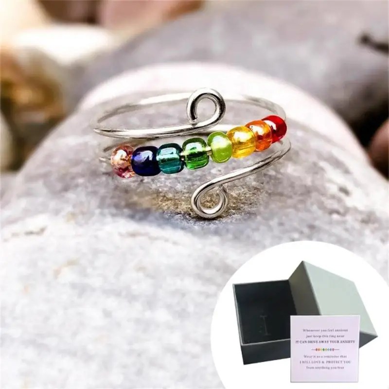 

New Rainbow Beads Ring Rotatable Drive Away Your Anxiety Fidget Ring Fashion Jewelry Accessories Gift Unisex For Couples