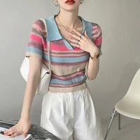 striped knitted short sleeved sweet summer style top fashion blouses 2022 cheap vintage clothes for women female clothing