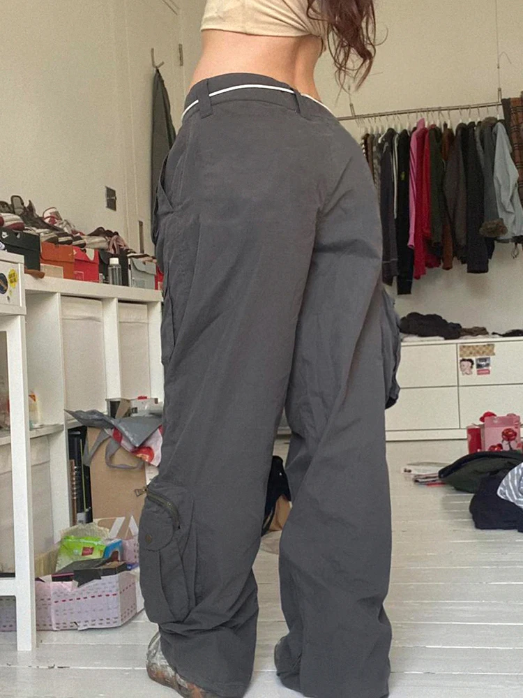 WeiYao Women Streetwear Jeans 100% Cotton Vintage Low Rise Pocket Patchwork Straight Denim Cargo Pants 2022 Summer New Mom Jean