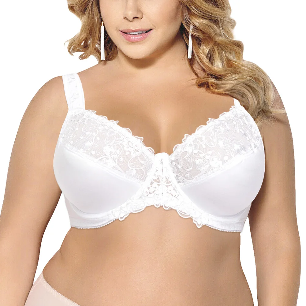 

Minimizer Bra Plus Size Women White Full Coverage Non-Padded Underwire Lace Floral Embroidery for Female C D DD DDD E F G H