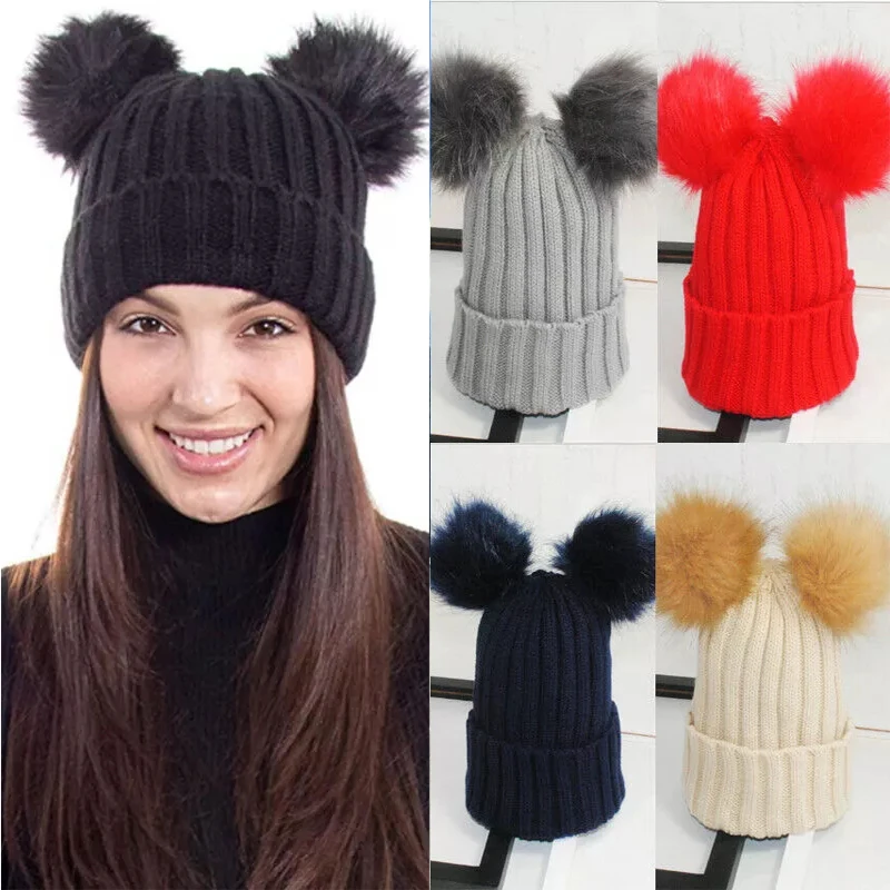 

Новая модная уличная женская зимняя теплая шапка бини с двойным меховым помпоном милые вязаные шапки