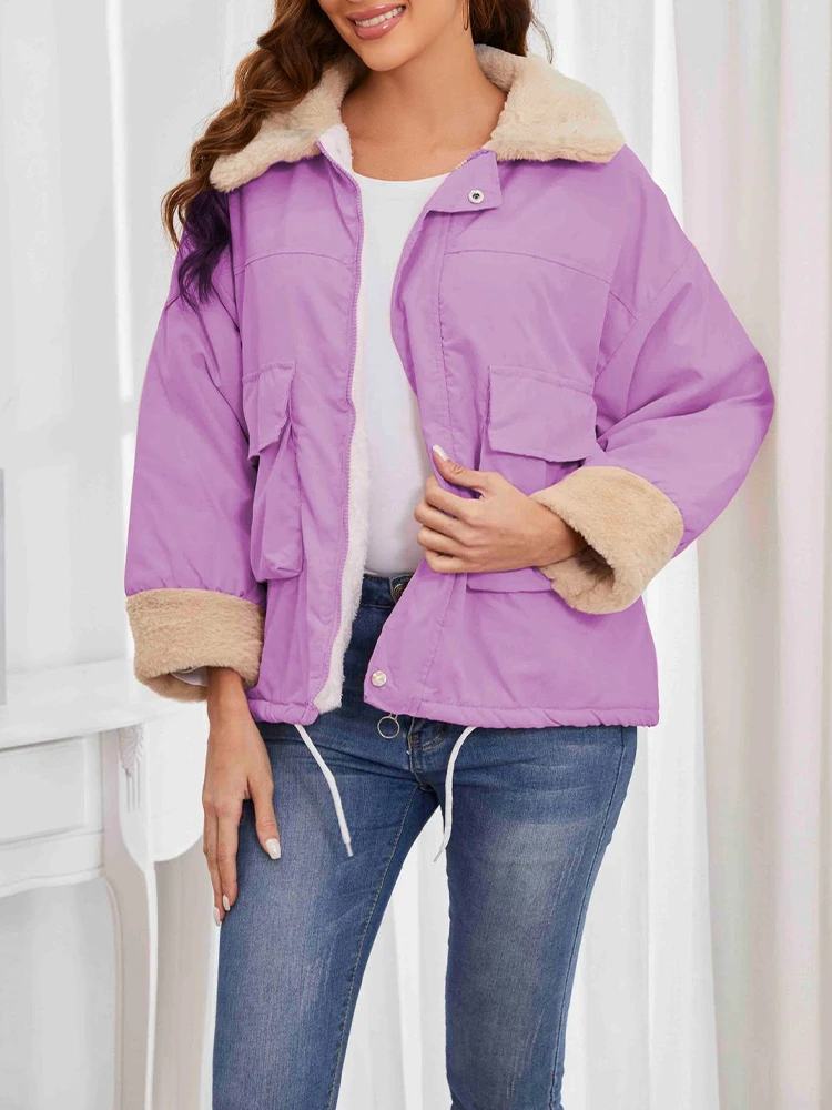 2023 New Turn Down Collar Long Sleeve Coats Casual Trendy Zipper Closure Outwears Autumn Winter Warm Thicken Comfy Lamb Jackets