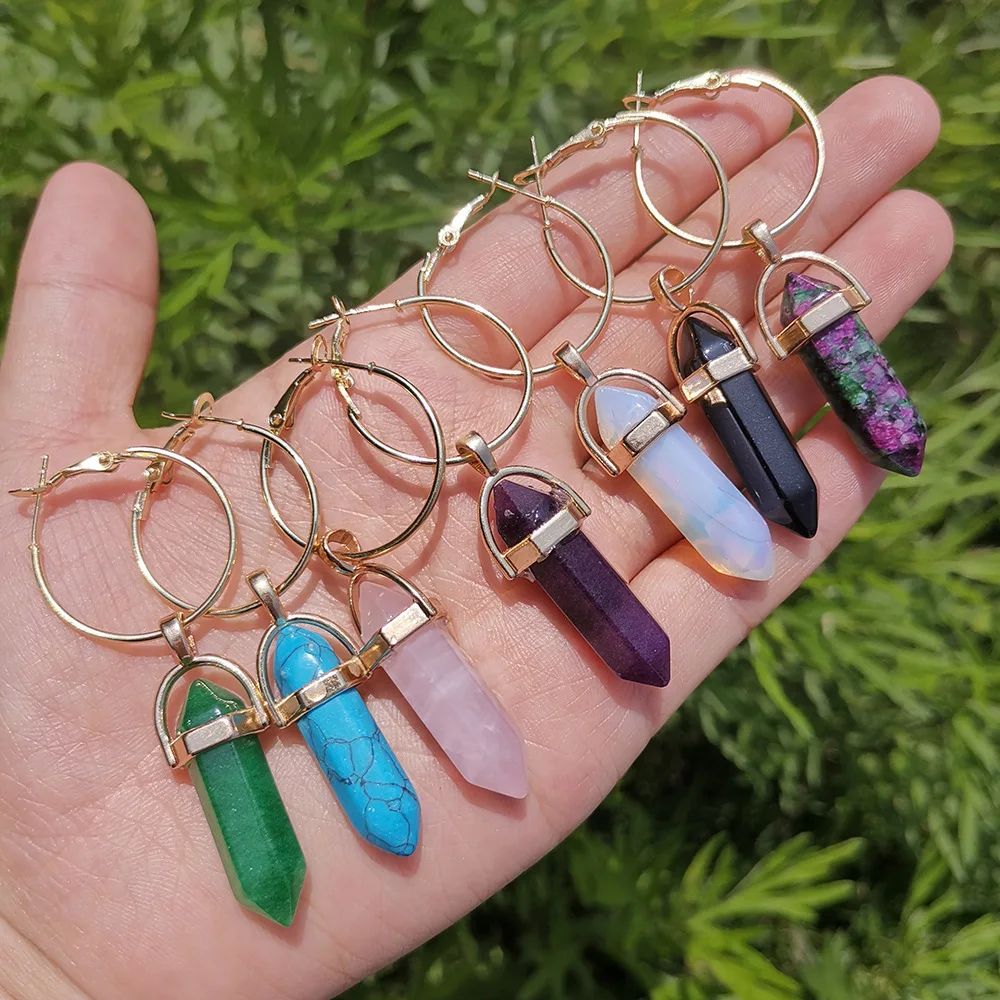 

Natural Stone Hoop Earring Bullet Hexagonal Amethysts Lapis Purple Quartz Pink Crystal Drop Earring Pendulum Women Jewelry