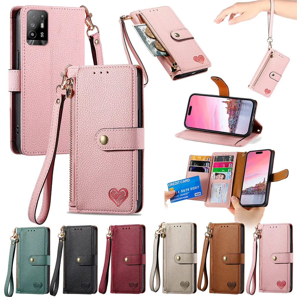 

For Oppo A96 A95 A94 A93s A93 A55 A54 A53 A53s A72 A73 A74 5G A92s A55s A54s Hanging Rope Love Phone Leather Case Cover Funda