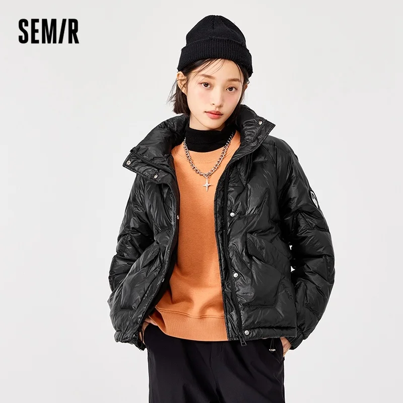 

SEMIR Down Jacket Women Stand-Up Collar Texture Winter New White Duck Down Loose Thick Bread Jacket Korean Version