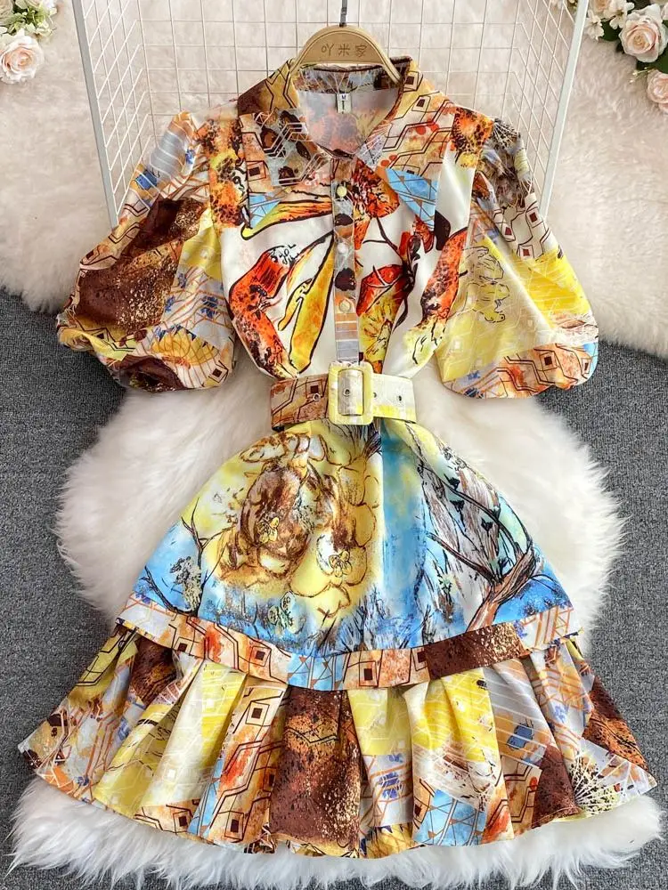 

Retro Oil Painting Print Dress For Women Lapel Short Sleeve High Waist Colorblock Mini Dress Female Summer Clothing 2022 N8189