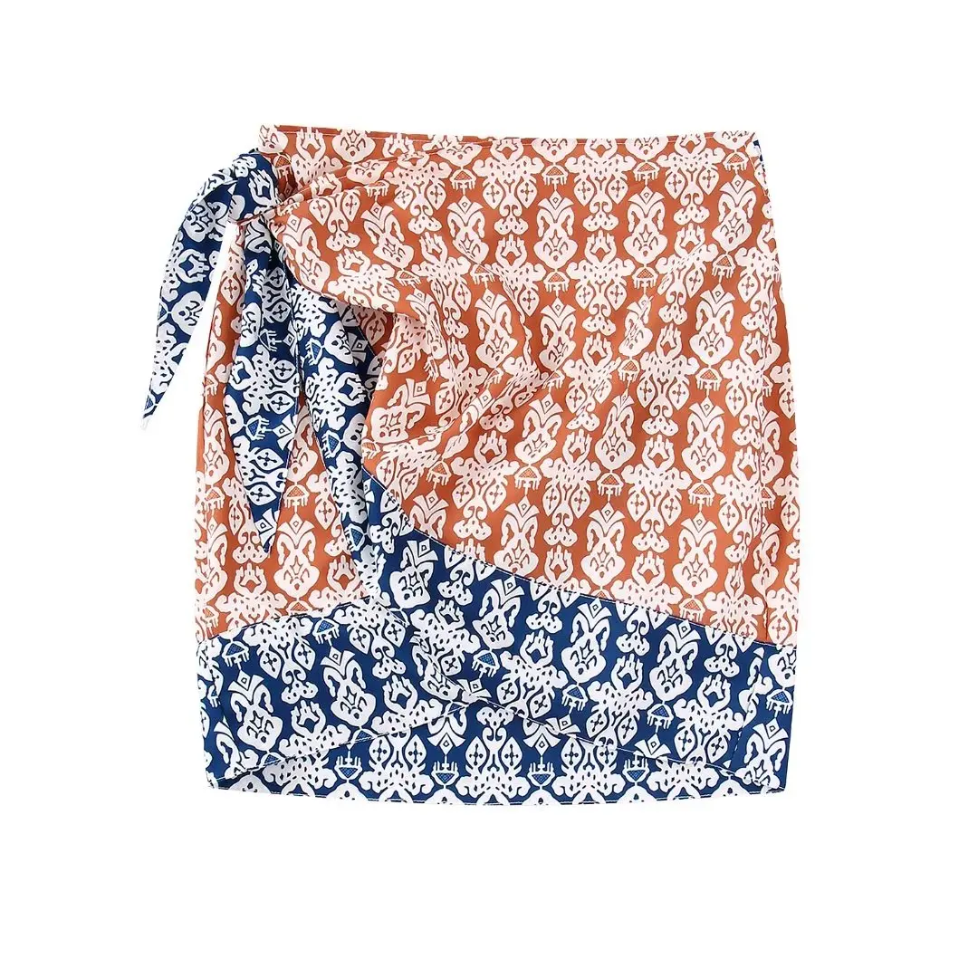 

WXWT 2022 Women High Waist Print Mini Skirt Wrap Design Sarong Skirts Faldas Mujer BB22883