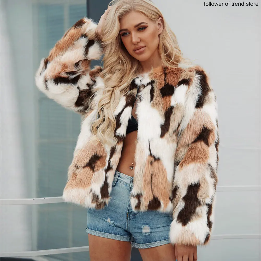 Faux for Fur Short Jackets Autumn  Winter Fashion Mixed Color Faux Fur Coat Jacket Women  Thick Warm Fur  Faux Fur Coat Cool