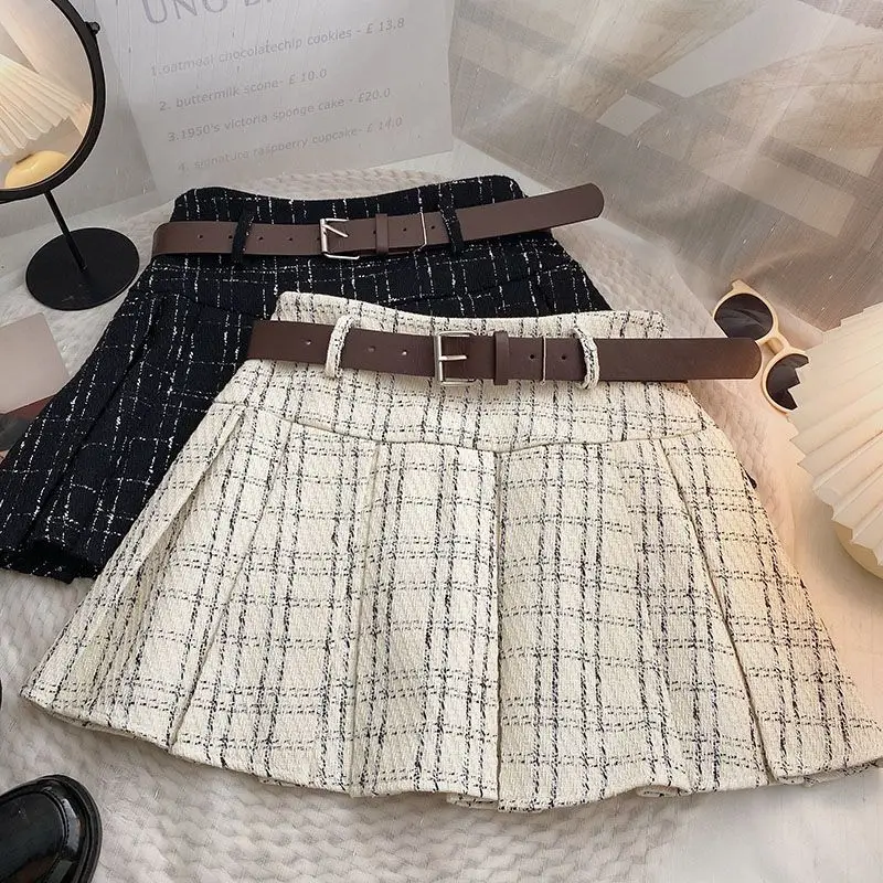 

2023 Office OL Workwear Mini Pleated Vintage Skirt Women High Waist Short Skirt with Belt Tweed Skater Female All-match Clothing