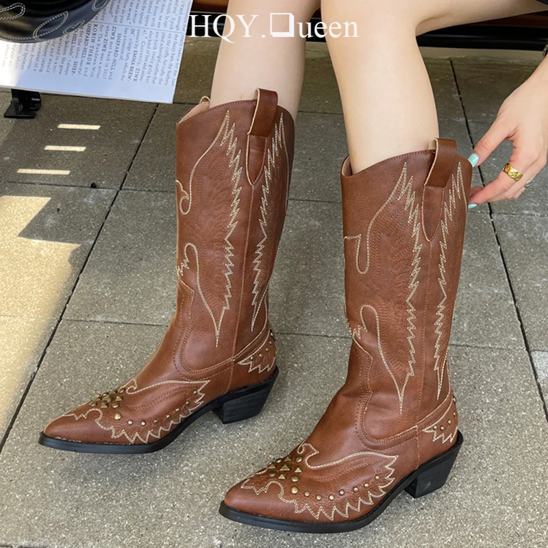 

Big Size Ladies Chelsea Knee-High Boots For Heels Footwear Pointed Toe Female Shoes Western Women Pumps 2023 Rivet Long Boots