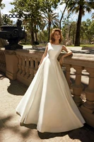 2022 modern satin wedding dress sexy backless scoop neck a line plus size beach bridal dress simple wedding gown floor length