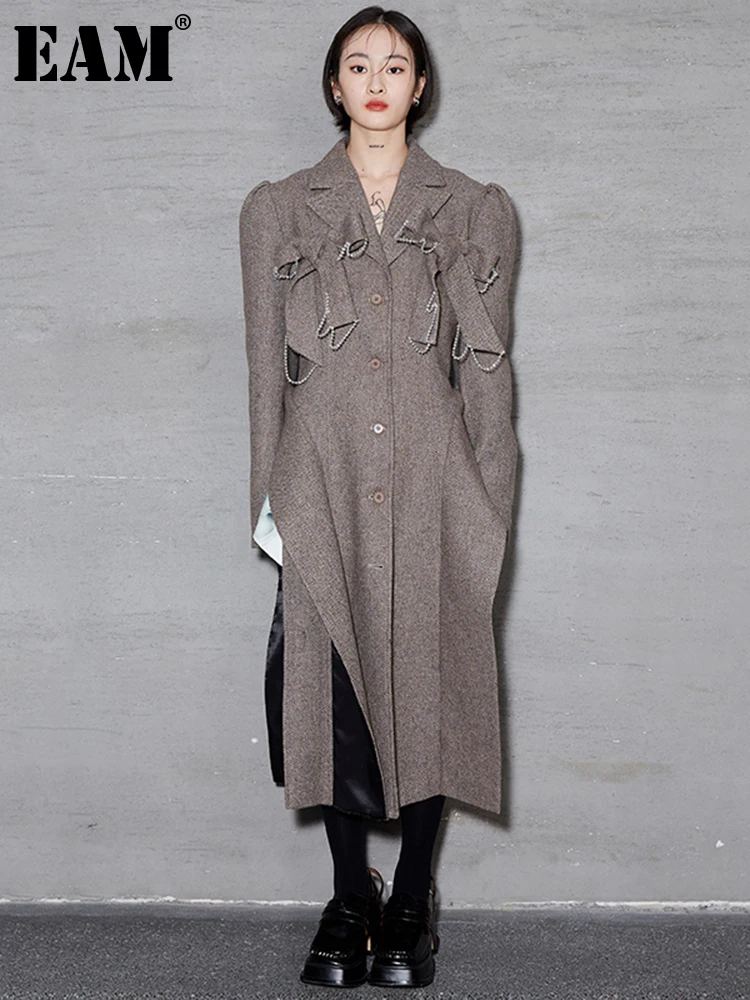 

[EAM] Loose Fit Brown Big Size Irregular Split Woolen Coat Parkas New Long Sleeve Women Fashion Tide Autumn Winter 2023 1DE4483