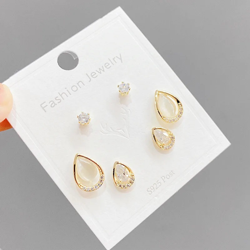 Korean Style Charm Silvers Needle Fashion Stud Earrings Girl 3pcs/Set Opal ent Mini Simple