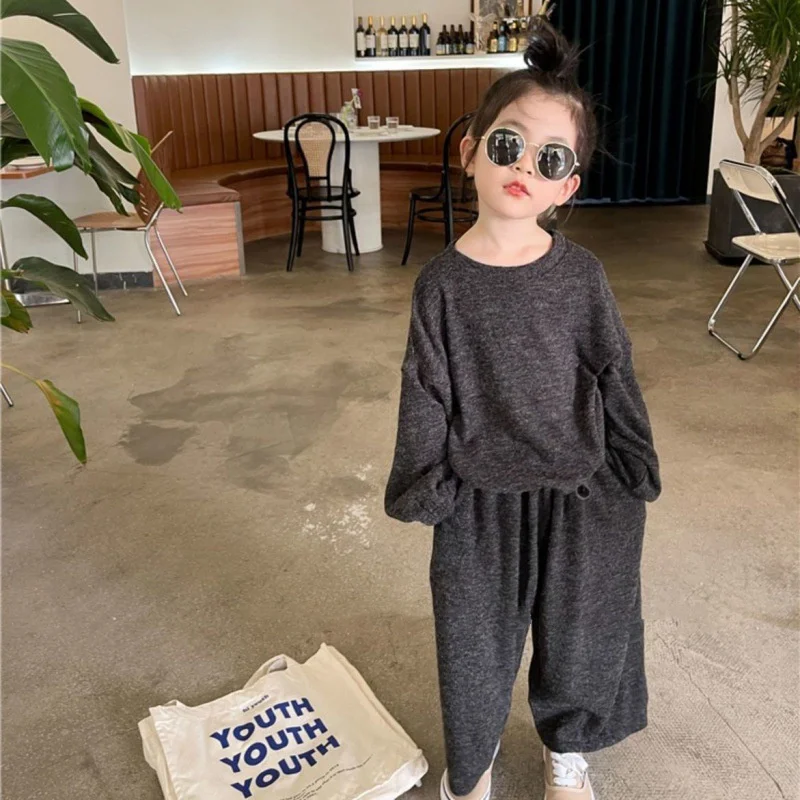 Girls Suit Sweatshirts +Pants Cotton 2Pcs/Sets 2022 Grey Spring Autumn Thicken Comfortable Suits Sets Kid Baby Children Clothing