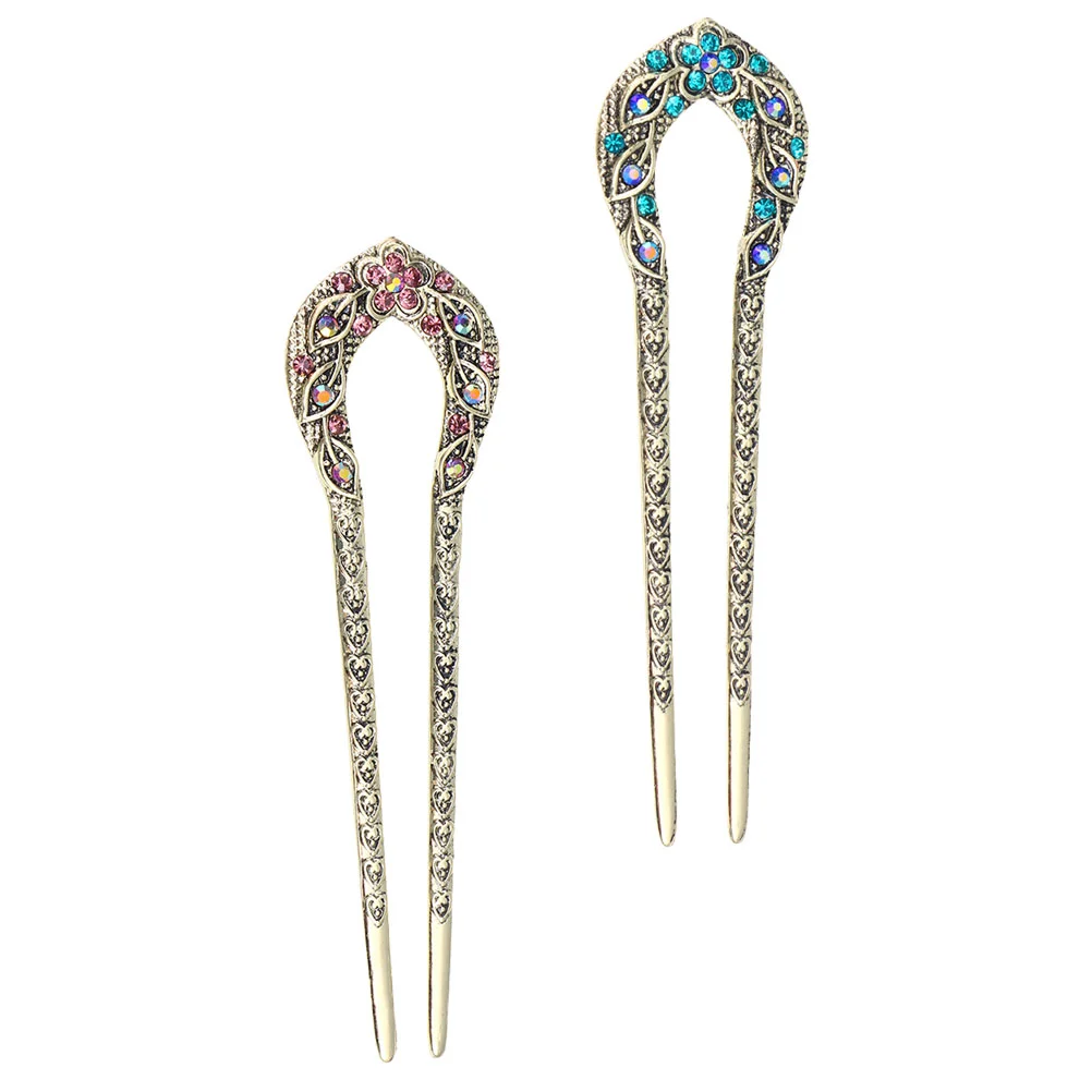 

2 Pcs Chinese Hair Chopsticks Girl Hair Clips Vintage Hair Stick Chinese Decor Rhinestone Updo Hairpin Metal Chignon Hair Pin