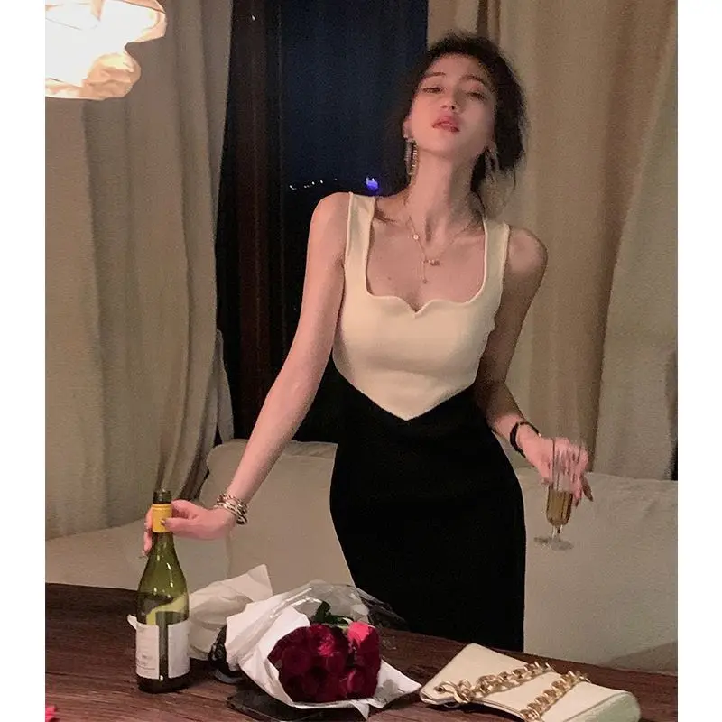 

Женское модное трикотажное платье в стиле пэчворк, женское платье средней длины, женские Клубные однотонные платья без рукавов, облегающее ...