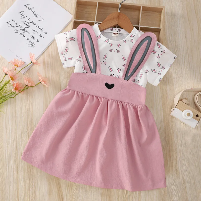 

Summer 2022 New Arrivals Girls Short Sleeve O Neck Print Rabbit Pink Cute Princess Elegant Evening Partu Dress 1-8T