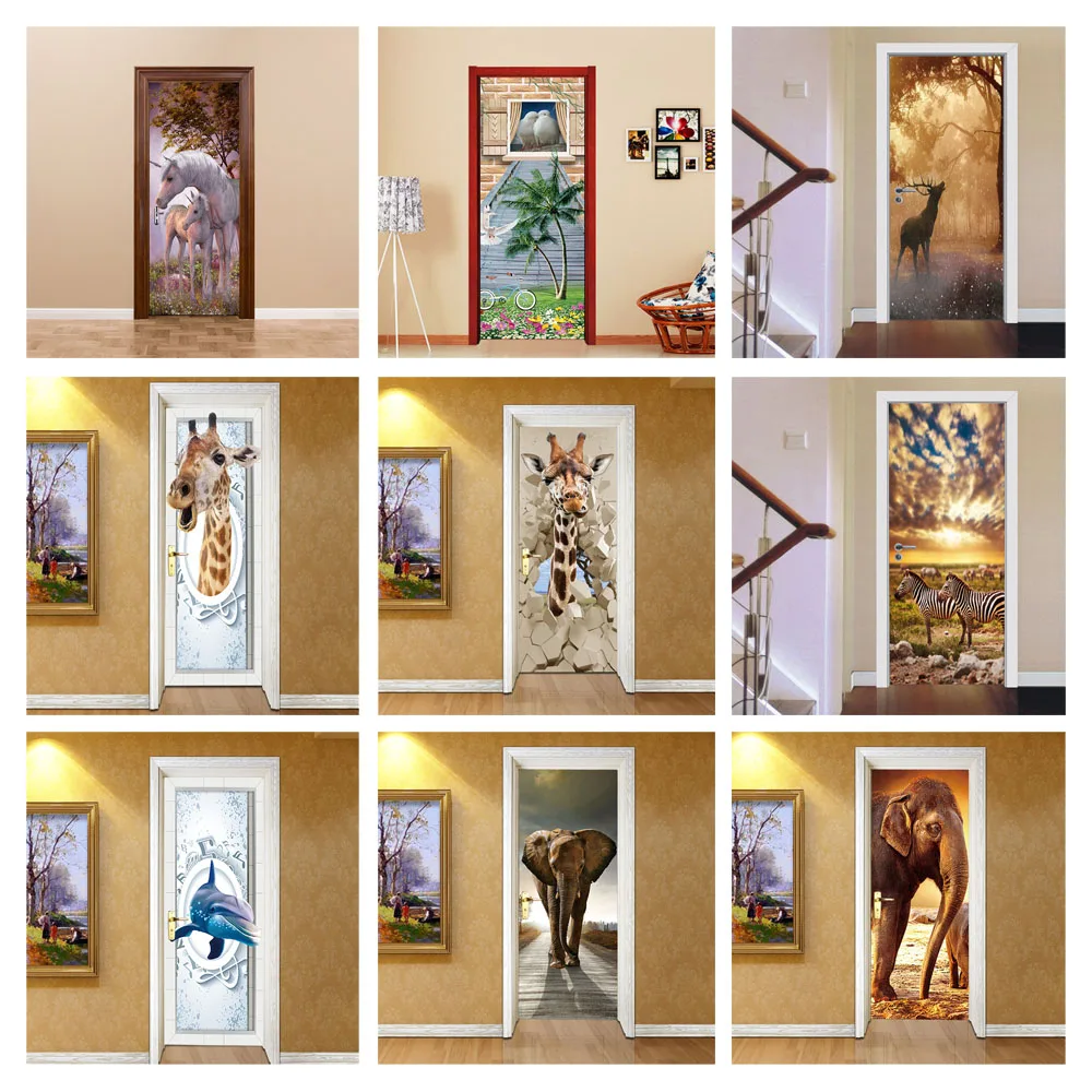 

3D View Animals Door Stickers Vinyl Self Adhesive Sticker Waterproof Removable Poster Dinosaur Giraffe Mural Decal Home Design