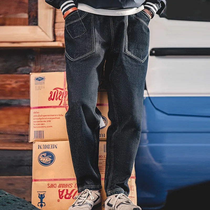 Maden Japanese Vintage Jeans for Men Casual Black Baggy Jeans Brand Elastic Waist Trousers Original Selvedge Denim Pants 12.8 OZ