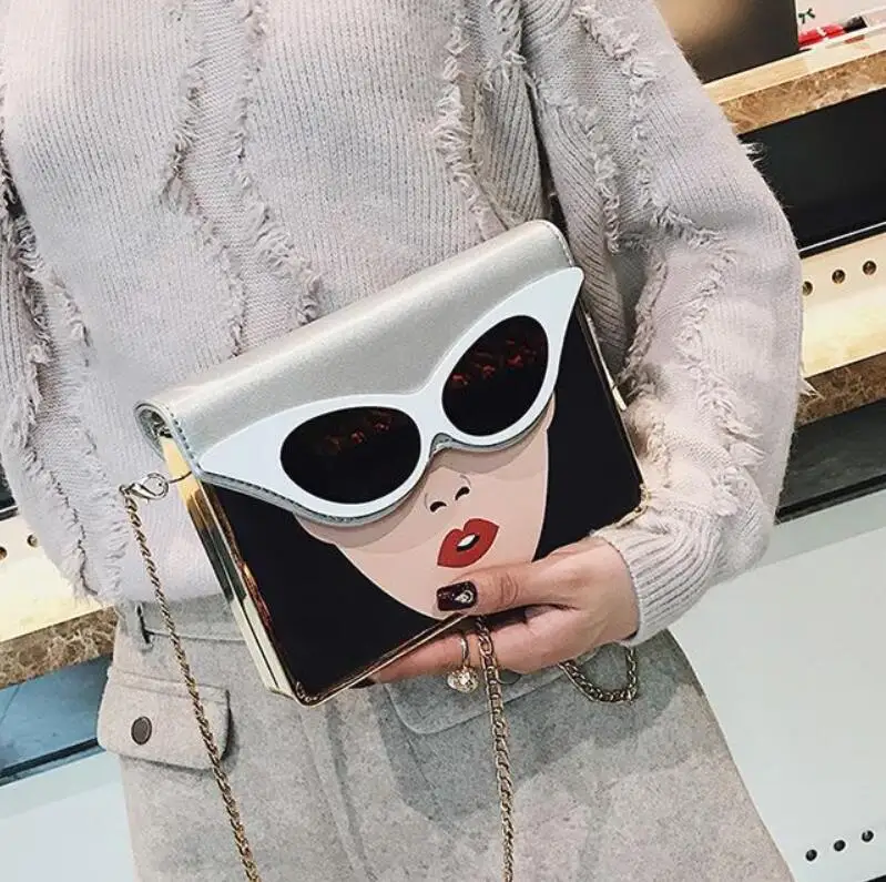 Single shoulder slung small square bag PU fashion contrast color 3D three-dimensional beauty glasses pattern chain shoulder bag