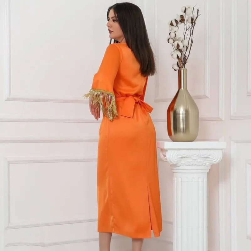 Sexy Maxi Dress Women's Ethnic Costume Robe Elegant Muslim African Dress Orange Tassel Neck Waist Long Sleeves 2023 New Vestidos