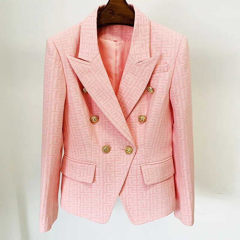 

Pink Khaki Blazer Women Labyrinth Plaid Jacquard Double Breasted Gold Lion Button Office Business Blazers Jacket High Quality