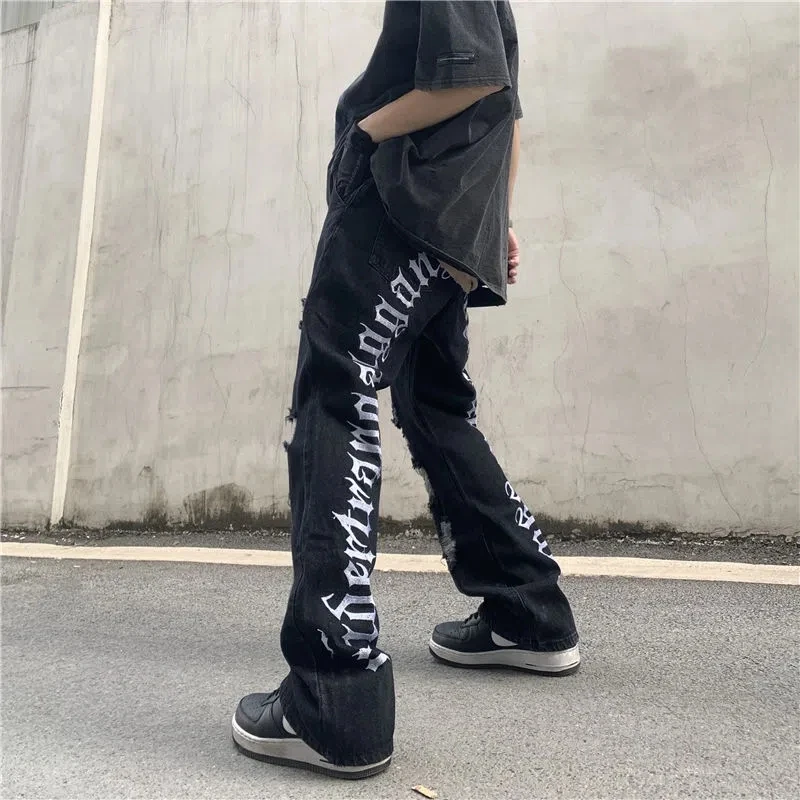 Men's Y2K Clothes High Street Streetwear Letters Embroidery Casual Baggy Jeans Men Straight Ripped Trousers Denim Wide Leg Pants