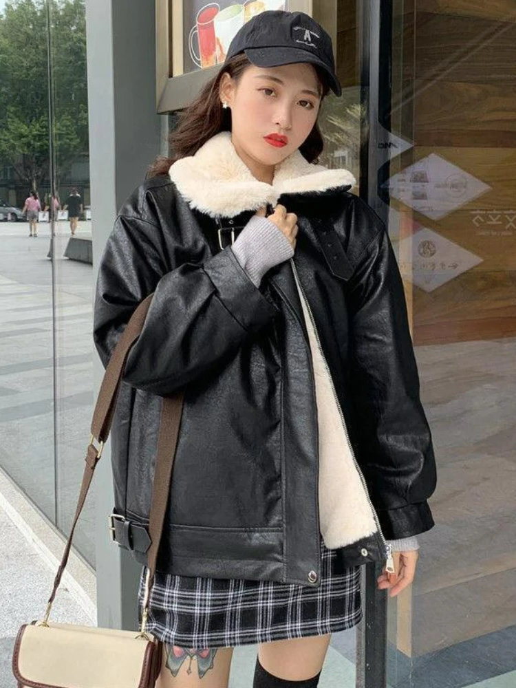 Black Winter Leather Jacket Women Korean Fashion Warm Loose Faux Fur Leather Coat Female Autumn Vintage Casual Chic Biker Jacket