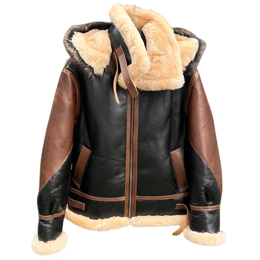 

Man Winter Warm Hooded Shearling Sheep Mens Genuine Leather Fur Lined Jacket Plus Size Trench Coat Windbreaker Overcoat