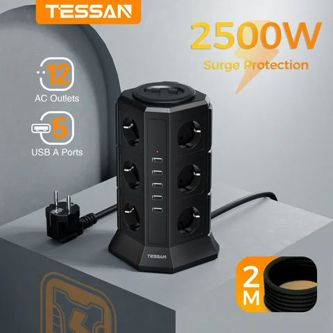TESSAN Башенный удлинитель 12 розеток + 5 USB