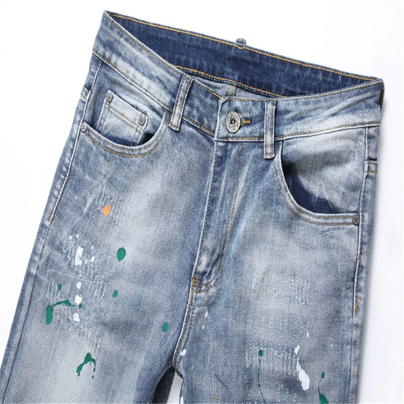 Mens Clothing Designer Straight Oversize Slim Fit Streetwear Casual Man Trousers Pencil Pants Ripped Brushed Denim Skinny Jeans
