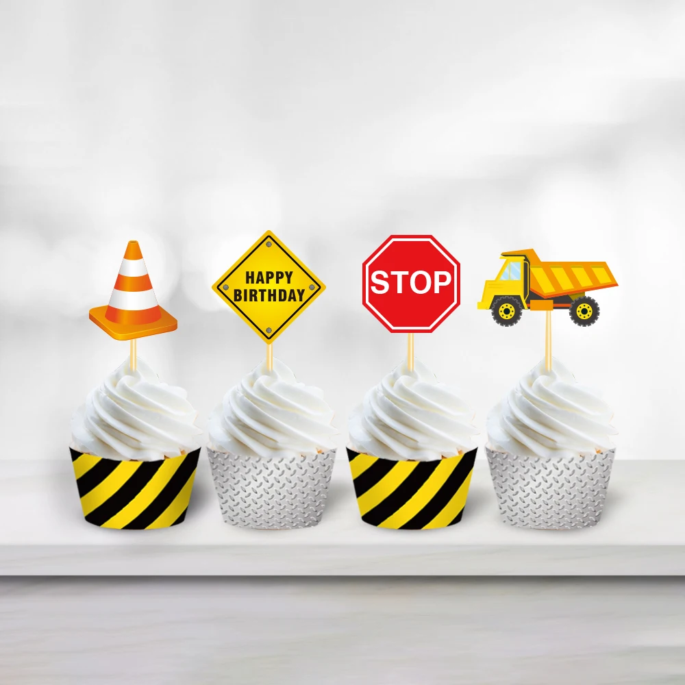 

24pcs Construction Excavator Truck Car Party DIY BIRTHDAY Party DIY Cupcake Borders and Cake Toppers Baby Shower Decorations