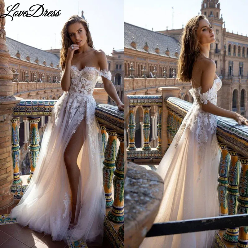 Boho Tulle A Line Wedding Dresses 2023 Off the Shoulder Lace Appliques Beach Bridal Gown Sexy High Split Wedding Gowns For Bride 1 Boho Tulle A Line Wedding Dresses 2023 Off the Shoulder Lace Appliques Beach Bridal Gown Sexy High Split Wedding Gowns For Bride 1