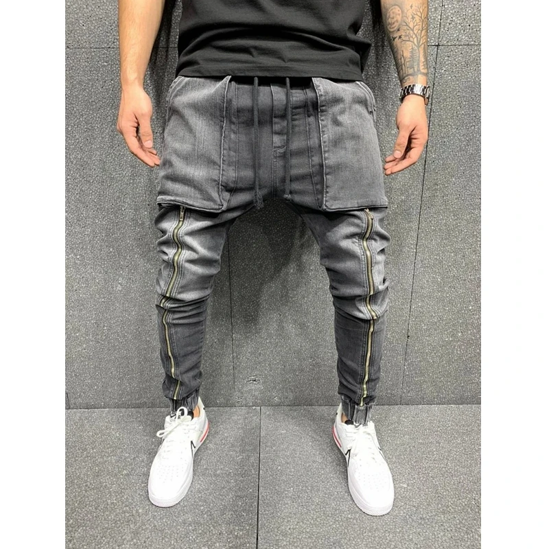 Streetwear Vintage Jeans Casual Loose Pockets Stitching Zipper Jeans Men Lace-up Mid-Waist Denim Pencil Pants Sports Jeans