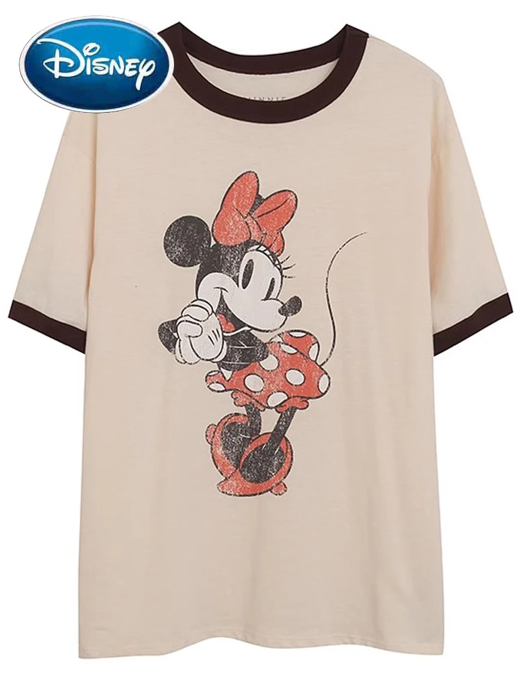 

Disney Fashion Minnie Mouse Cartoon Print Contrast Color T-Shirt Sweet Women O-Neck Pullover Short Sleeve Tee Tops Female Summer