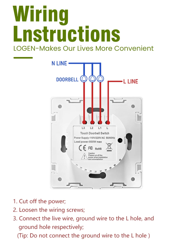 LOGEN стандарт ЕС переключатель дверного звонка стеклянная панель настенный