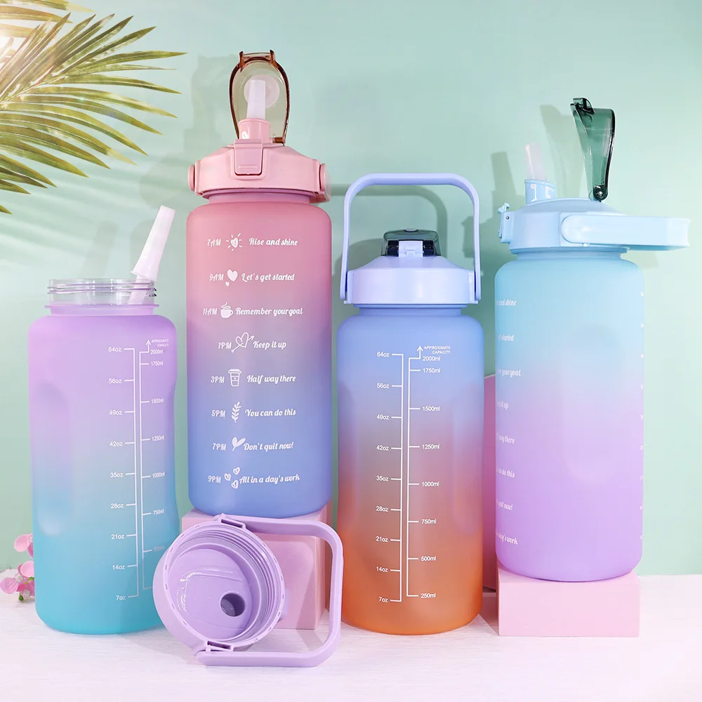

2L Capacity Couple Cup Straw Cup Time Scale Water Bottle Plastic Water Cup Large Student Frosted High Temperature Outdoor Sports