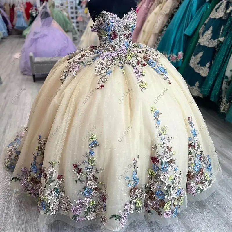 2024 блестящее милое платье Quinceanera цвета шампанского бальное с мексиканской